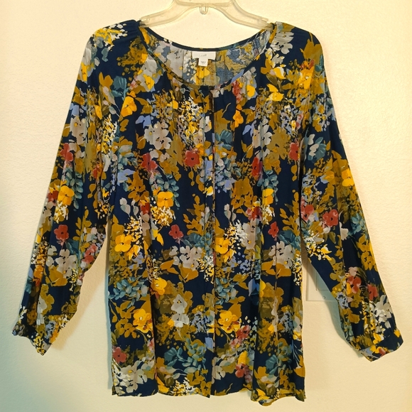 J. Jill Floral Long Sleeve Button Up Blouse Yellow/Gray/Blue US Size Large - Picture 1 of 10